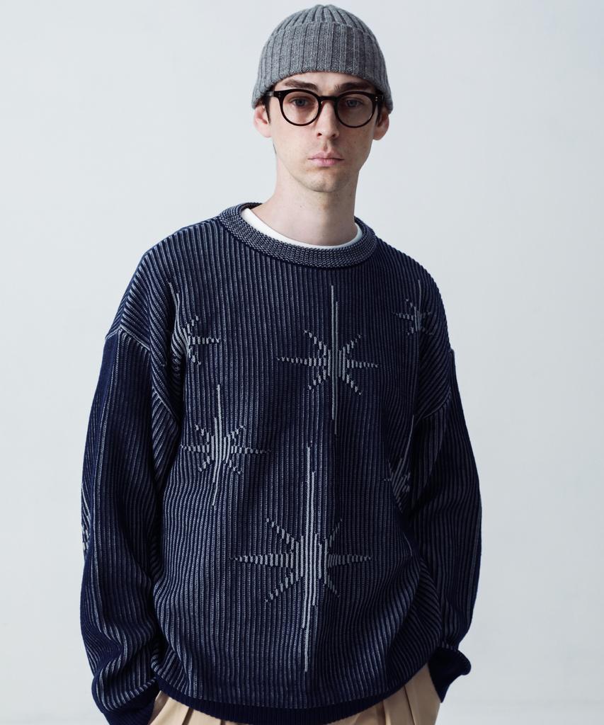 STAGE NAME Two-Tone Winter Stars Round Neck Oversized Knit_Navy