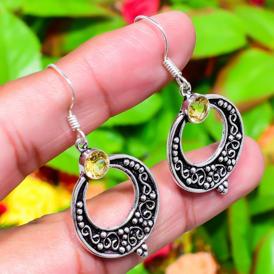 Natural Citrine Gemstone Handmade 925 Sterling Silver Earring 1.85" L6y72