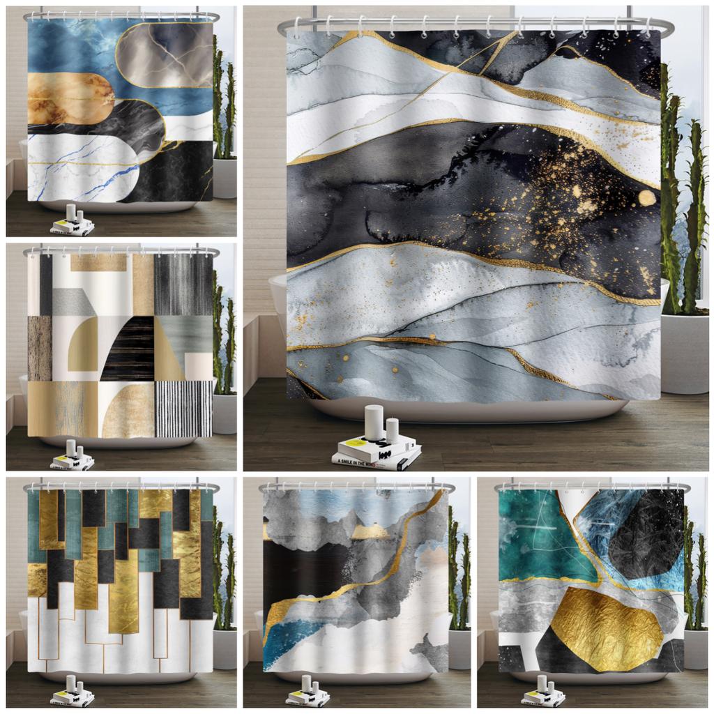 Luxury Marble Texture Shower Curtain Abstract Geometric Print Bath Curtain For Bathroom Decor Modern Minimalist Design With Hook