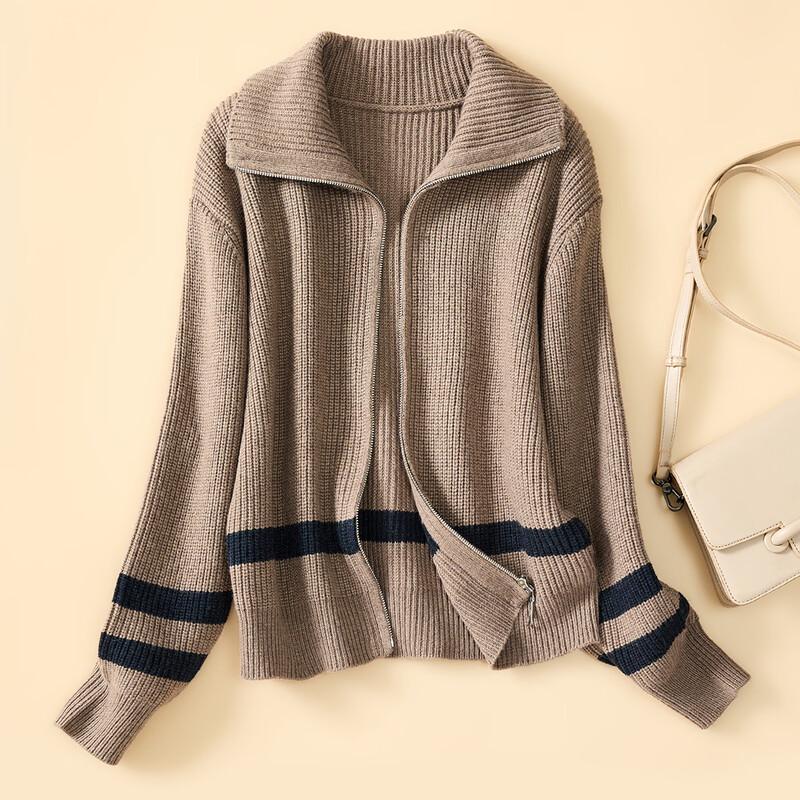 Women s Thickened Color Block Zipper Wool Cardigan XL