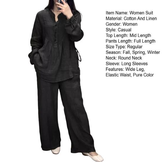 2 Pcs/Set Women Top Pants Suit Round Neck Half Single-breasted Long Sleeves