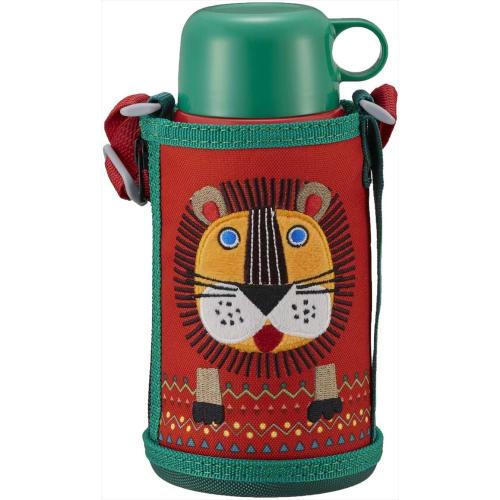 Tiger Thermos (TIGER) 600ml Water Bottle with Direct Drinking Cup, 2-Way Stainless Steel Bottle with Pouch, Sahara, Koropokkuru, Lion Design, MBR-C06G