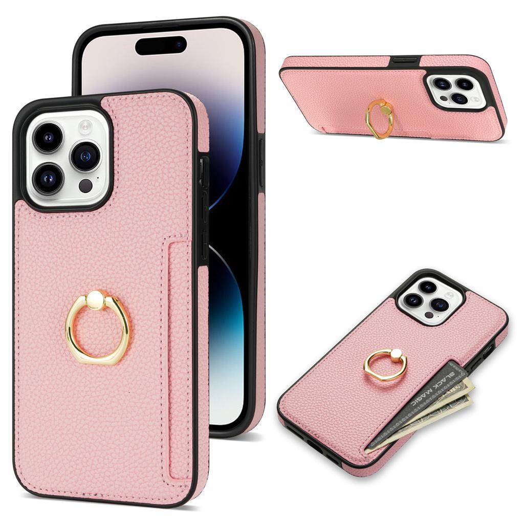 Compatible with iPhone 16 Case, 17 Pro Litchi-patterned Ring Buckle Stand, Card Slot, Wallet, Shockproof Case, 14 Plus