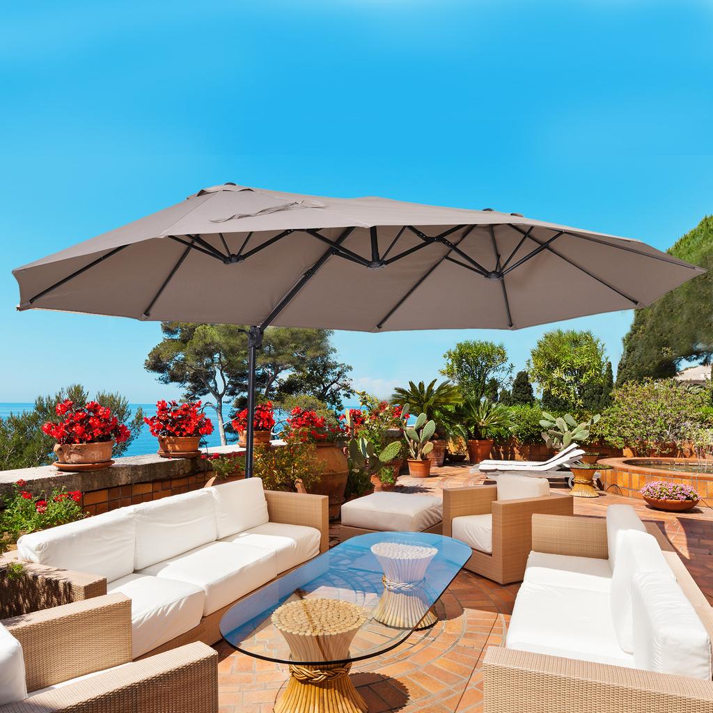 Oval Parasol, Double Brown Parasol, 445x260cm, Cantilever Parasol with Crank, Parasol Stand, Garden and Market Parasol for Garden