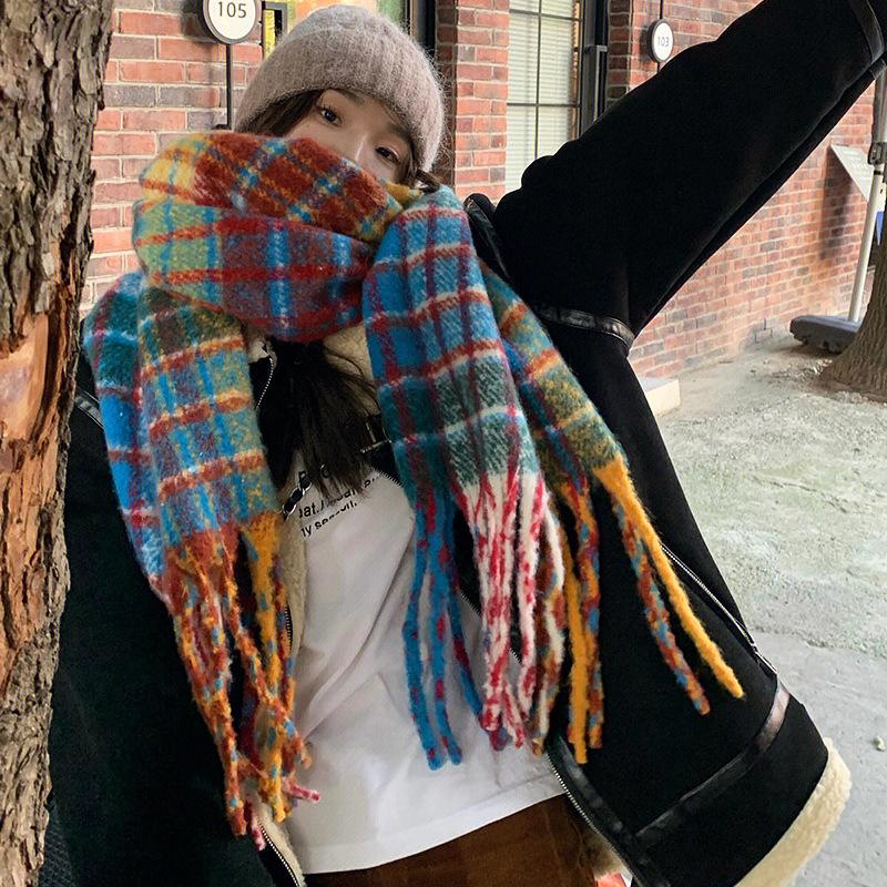 Korean Version of Autumn and Winter Rainbow Plaid Imitation Cashmere Scarf for Female Students Couple Mohair Warm Scarf Long Shawl