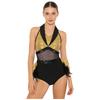 Damen Glitzernder Pailletten Farbblock Body Netz-Taille Feder Saum Ärmelloser Cutout Leotard