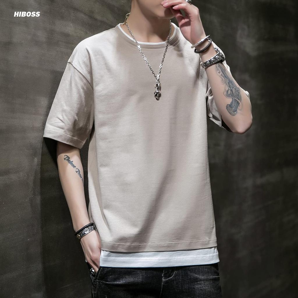 Hiboss Herren Kurzarm T-Shirt, Einfarbig, Lagenlook, Lockere Passform, 5/8 Ärmel, Sommerbekleidung, Khaki, Größe M