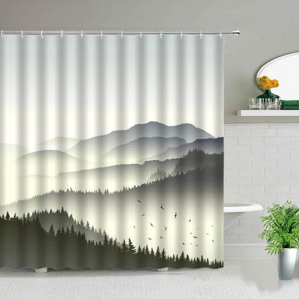 Mountain Shower Curtain,Teal Bathroom Shower Curtain, Cool Nature Watercolor Misty Forest Sun Sunset Landscape Shower Curtains