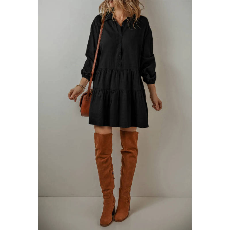 Women's Solid Color Long Sleeve Lapel Button Loose Short Dress