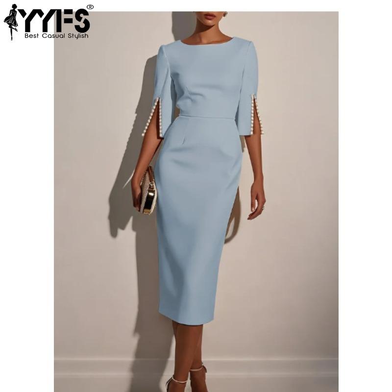 YYFS Women's Fashion Summer Spring Solid Color Print 1/2 Sleeves O-Neck High Waist  Casual Dresses