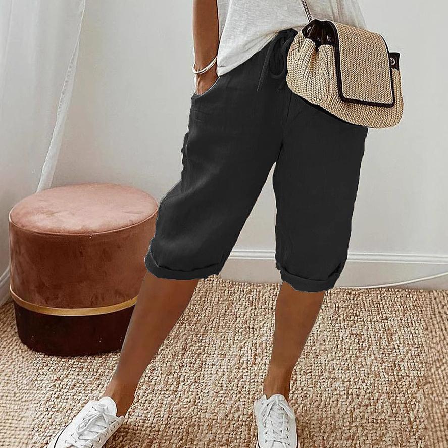 Pantaloncini in lino e cotone da donna Pantaloni al ginocchio stile vintage con tasche per donna Pantaloni in vita elastica traspirante Tinta unita Cinque pantaloni