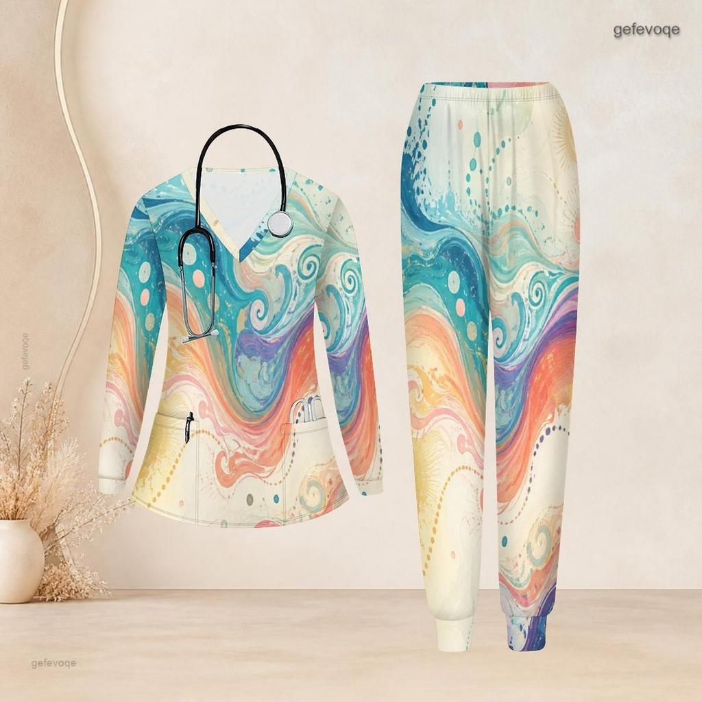 Women Plus Size Black Gold Printed V Neck Long Sleeve Nurse Scrub Two Piece Set With Pockets