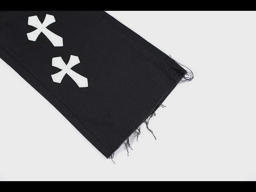 Men's Black and White Cross Raw Edge Flared Jeans - European & American High Street Style