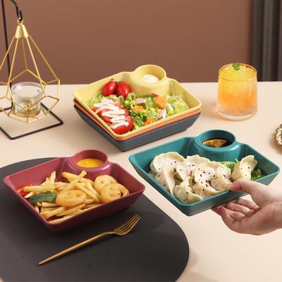 Plato de cena de plástico con salsa Plato de cena cuadrado con soporte para salsa Plato de sushi Pollo frito y papas fritas Plato dividido