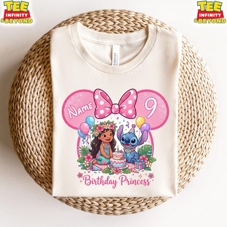 Custom Name Birthday Princess T-Shirt, Lilo And Stitch Disney Birthday Tee, Disney Girls Birthday Shirt, Cute Birthday Party Outfit For Kids 100
