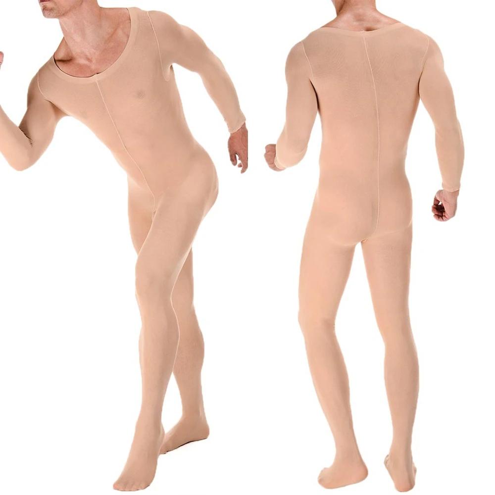 Mens Crotchless Full Bodysuit Black Beige See Through Sexy Bodystocking Lingerie Stretchy Glossy Tights Male Costume