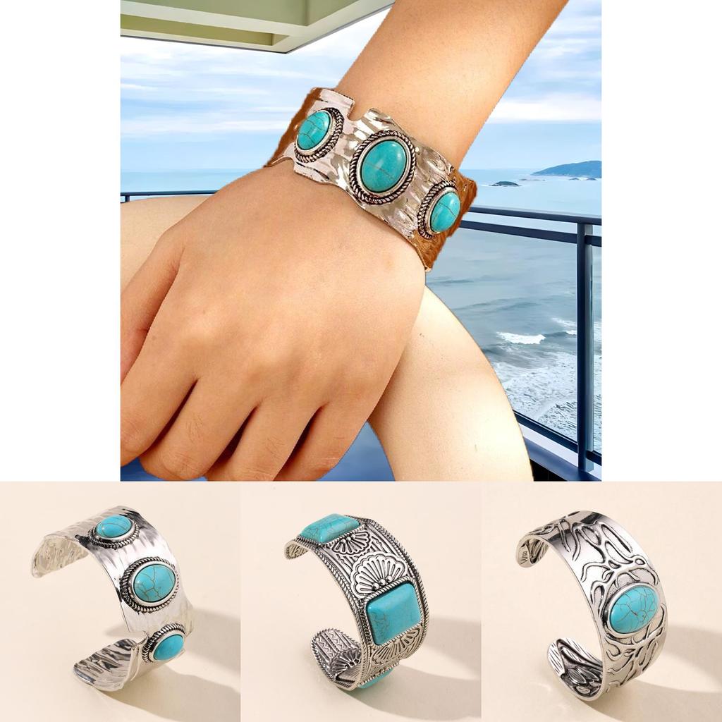 Bohemian Style Alloy Green Turquoise Open Wide Bracelet For Women