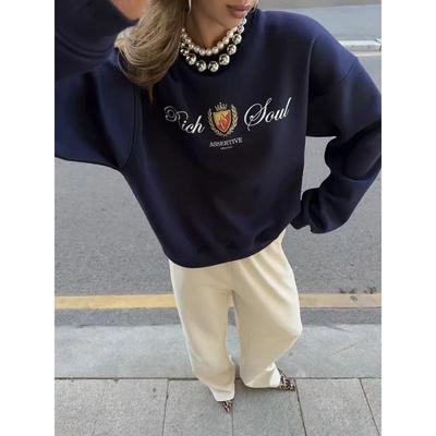 Europäischer & Amerikanischer Stil 2025 Lässiger Lockerer Plus Samt Print Pullover Sweatshirt für Herbst & Winter