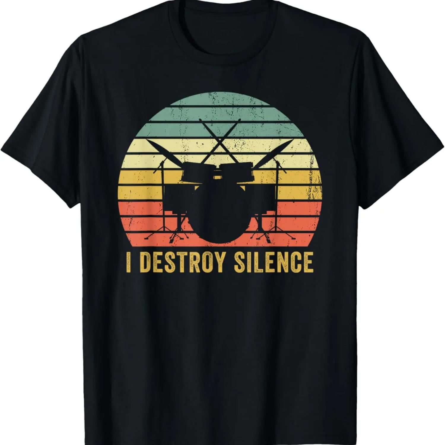 Vintage Drummer Destroy Silence Funny Percussion Drums T-Shirt S