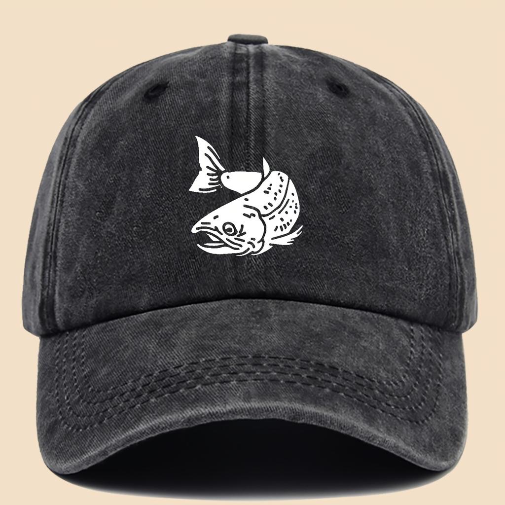 Cartoon Fish Print Baseball Cap Vintage Washed Adjustable Fishing Hat Men Women Hip-hop Hat Outdoor Retro Sun Protection Hat