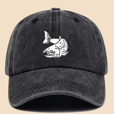 Vintage Washed Baseball Cap with White Koi Fish Print, Adjustable Street Style, Versatile for Daily Use