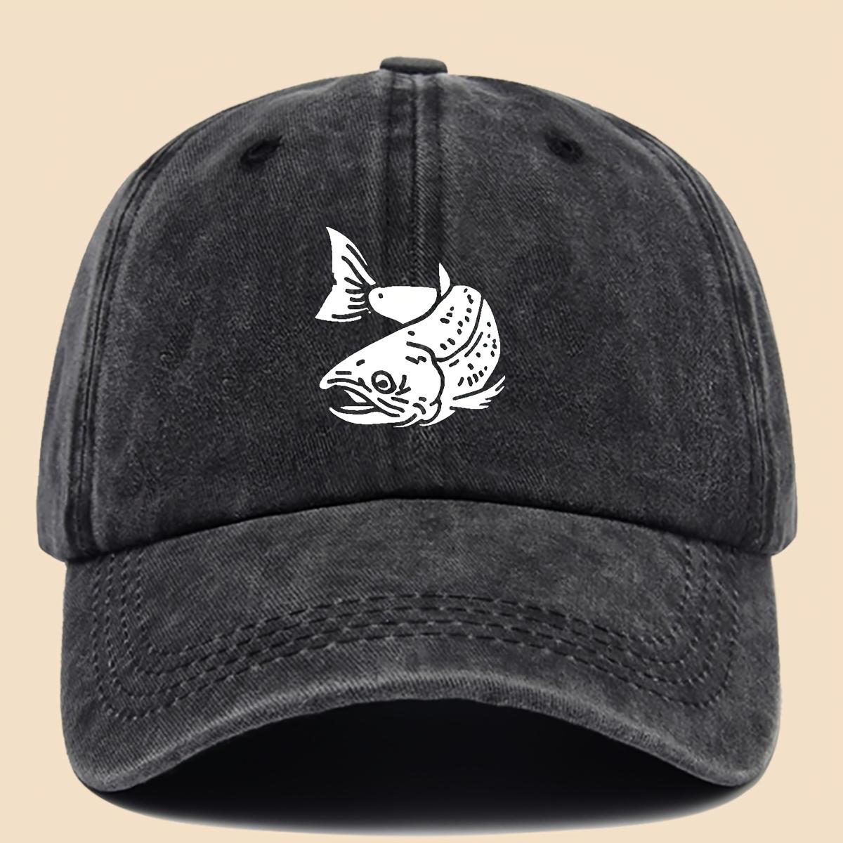 

Vintage washed baseball cap with white koi fish print, adjustable street style, versatile for daily use