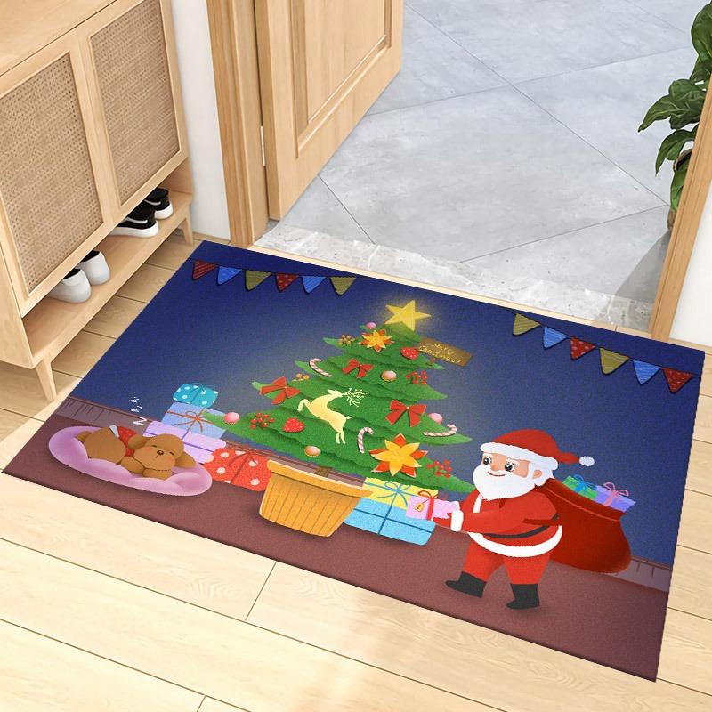 Christmas Santa Carpet Mat Rug Tree Home Decoration Festive Entryway Decor Floor with Snowman Reindeer Merry Christmas Design