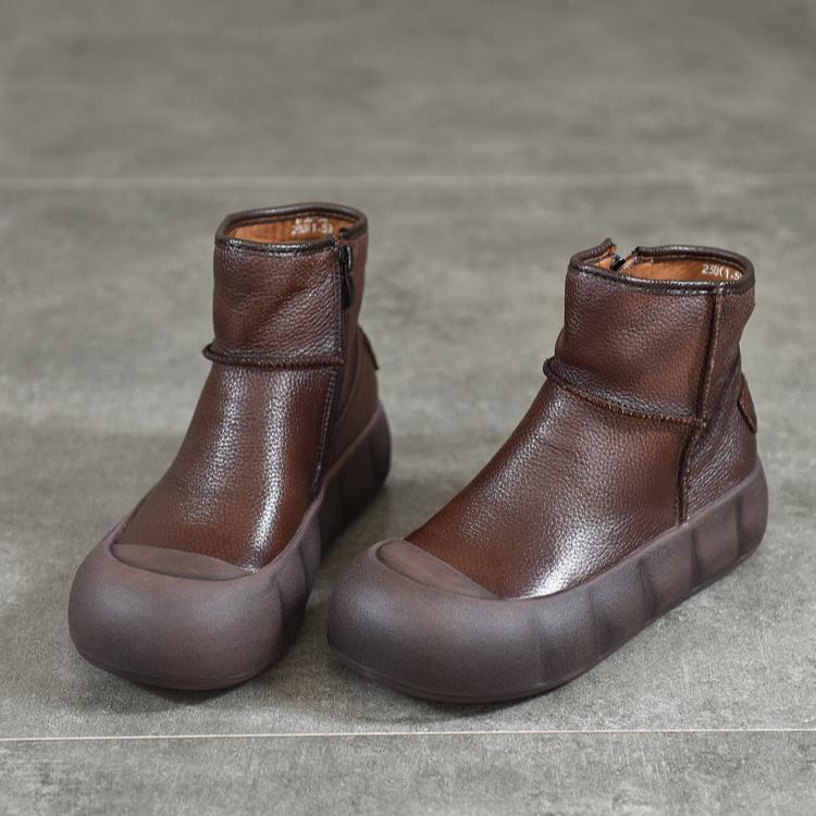 Johnature Vintage Handmade Genuine Leather Thick Soled Short Boots Round Toe Women's Flat Platform Shoes