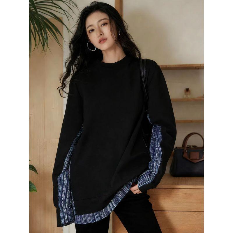 Body Shape, Contrasting Color Patchwork Mid-Length Sweatshirt for Women, New Spring Style, Relaxed and Slimming Top for Slightly Chubby Figures