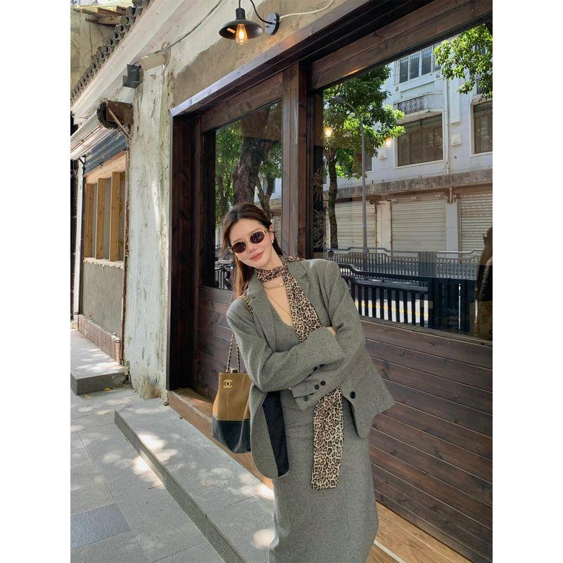 Kumikumi High Sense Blazers Inner wear Vest Vest Women Autumn Slimming Skirt Long dress Three-Piece Set