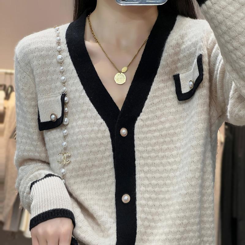 V-neck Color-blocking Exterior Pairing Small Fragrance Style Spring and Autumn Updated Relaxed Fit and Versatile Knitted Jacket Sweater Base Blouse