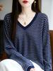 V-neck Double Stripe Color-Block Sweater for Autumn/Winter Fashion