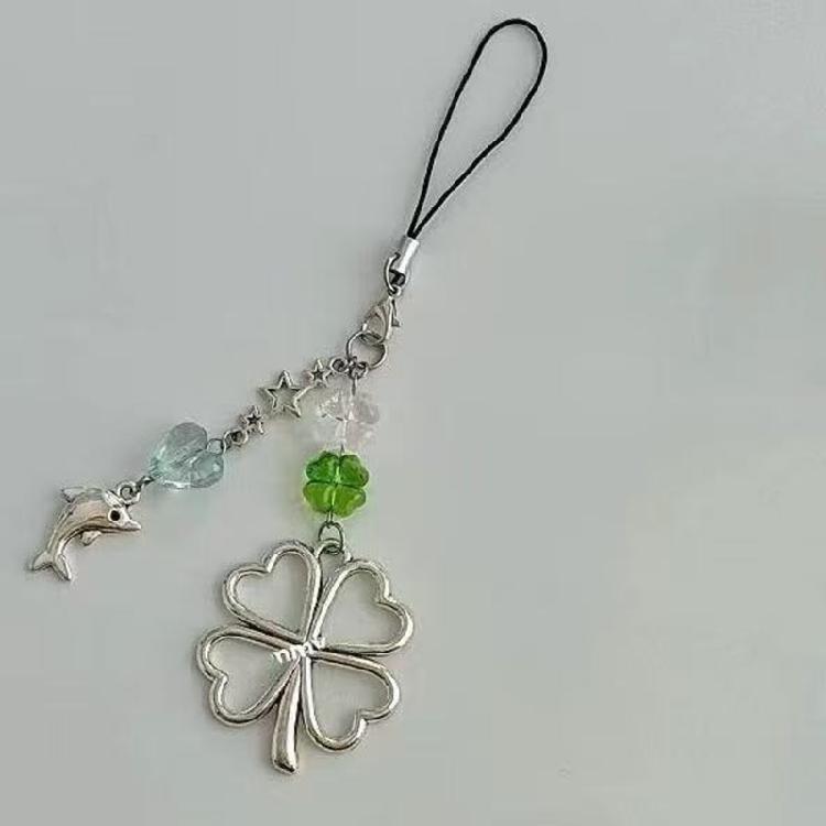 Vierblättriges Kleeblatt Anhänger mit Delfin Akzent Silberlegierung Schlüsselanhänger Zubehör für Handy Schlüssel Oder Rucksack