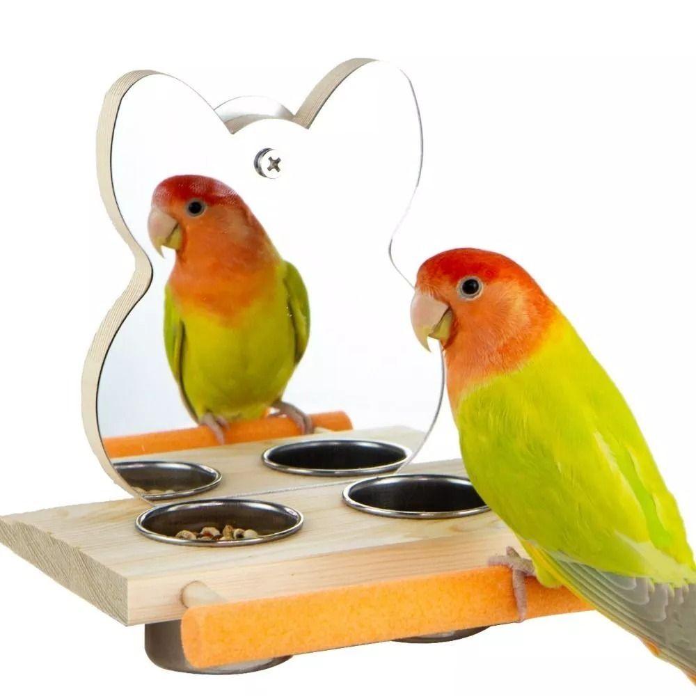 

Removable Parrots Mirror with Feeder Cups Hanging Bird Toys New Bird Feeder Bowl with Mirror