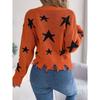 Women's V-Neck Star-Print Sweater Ragged Hem Style Long Sleeves Knitted Pullover