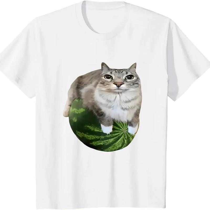 2026 Funny Watermelon Cat Meme T-Shirt Cute Trendy Cat Print Streetwear Short Sleeve Casual Humorous Cat Lover Top for Unisex Women S