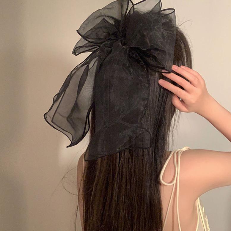 Duża czarno-biała siateczkowa spinka do włosów ozdoba głowy - Wzór wróżkowej wstążki