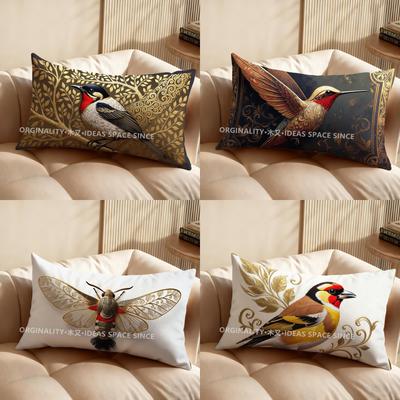 2D Bird & Gold Leaf Pattern Pillow Suitable For Sofa Bedroom Car Pillow Cover Cushion Rectangular Back Cushion