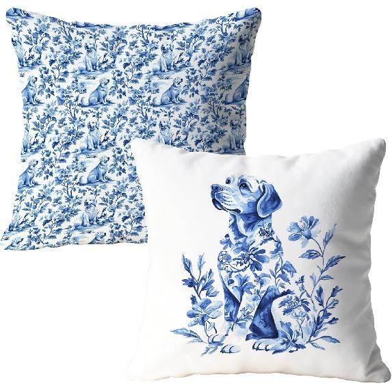 Chinoiserie Maltipoo Dog Pillow Covers 18x18, Maltipoo Gifts for Women, Blue and White Toile Dog Decorative Throw Pillow Covers for Home Bedroom Color-01