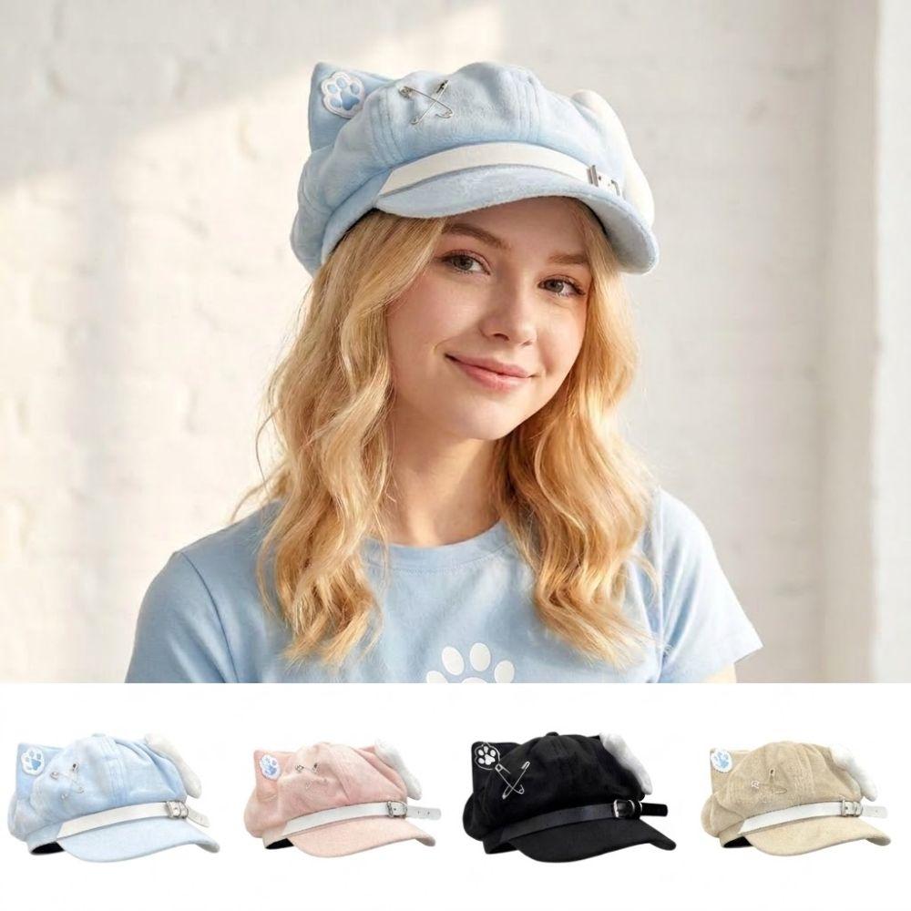 Popular Cat Ears Women'S Beret Anime Japanese Style Newsboy Cap Sweet Cat Paw Pattern Baseball Cap Everyday Outfits