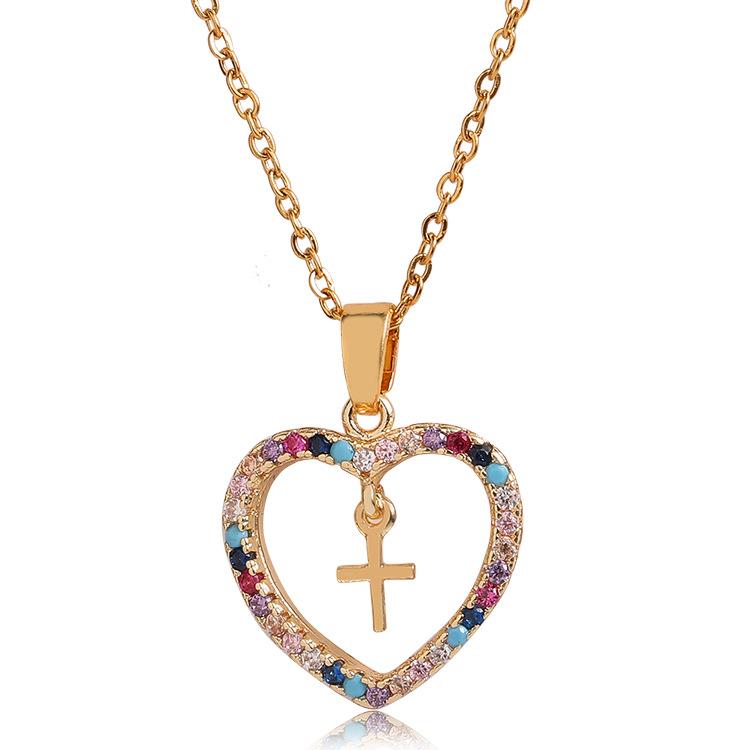 Micro-Set Colorful Zirconia Geometric Cross Pendant Necklace With Heart Charm Fashion Love Jewelry