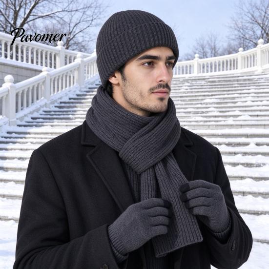 Soft Non Scratchy Winter Warmth Kit Men Knitted Hat Scarf Gloves Set, Solid Color Beanies, Warm Cozy Gift for Knit Cold Weather, Outdoor Skiing Daily