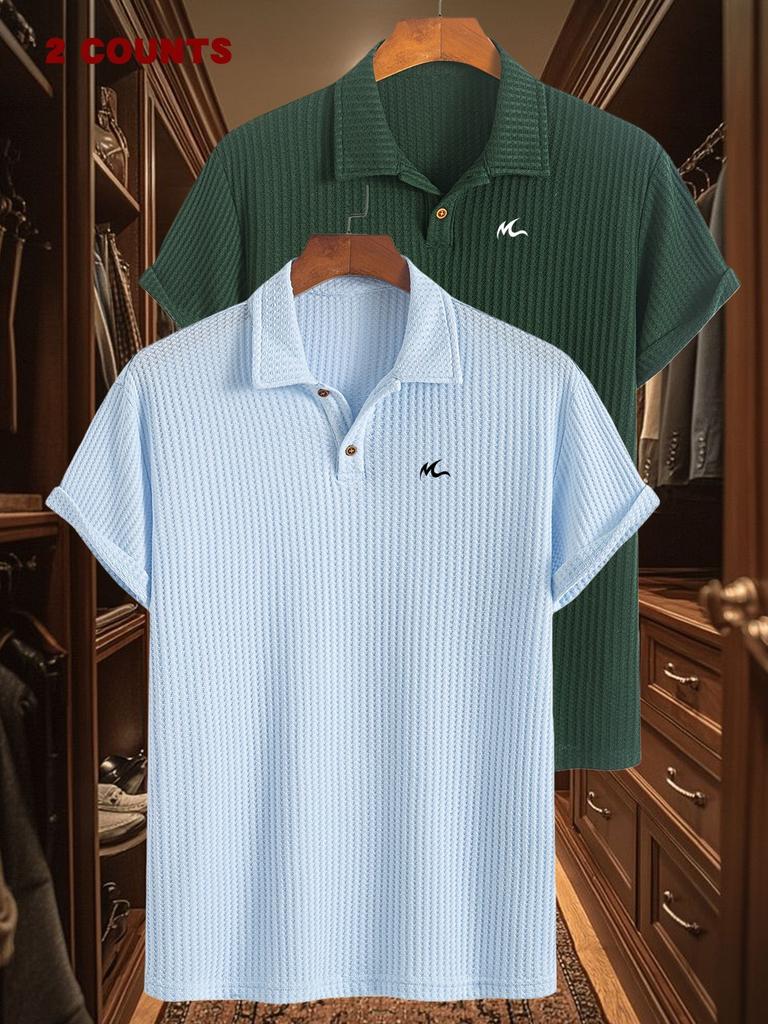2pcs Men's Work Shirts with Print Textured Jacquard Short Sleeve Golf Polo Shirts Casual Comfortable Soft Knit Lapel Collar for Daily Business Wear