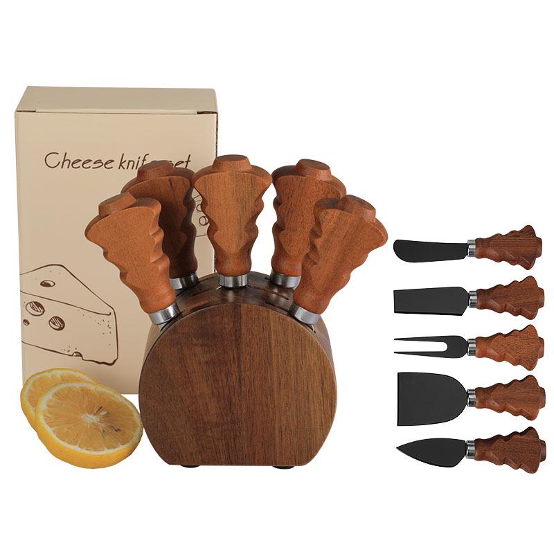 Akazienholz Weihnachtsbaum Käsemesser & Gabel Set mit Holzsockel - 6-teiliges Set
