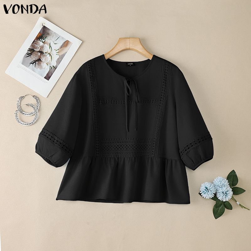 ZANZEA Summer Women Round Neck Solid Color 3/4 Sleeve Crochet Casual Blouse