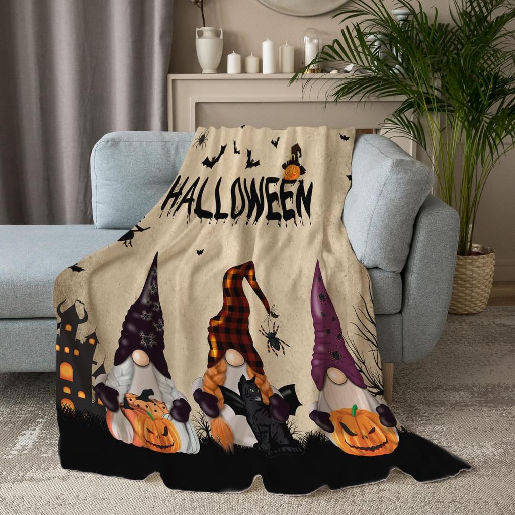 Halloween Gnome Blanket Flannel Fleece Throw Blankets Halloween Bats Black Cat Blanket Lightweight Cozy Warm Fuzzy Plush Soft