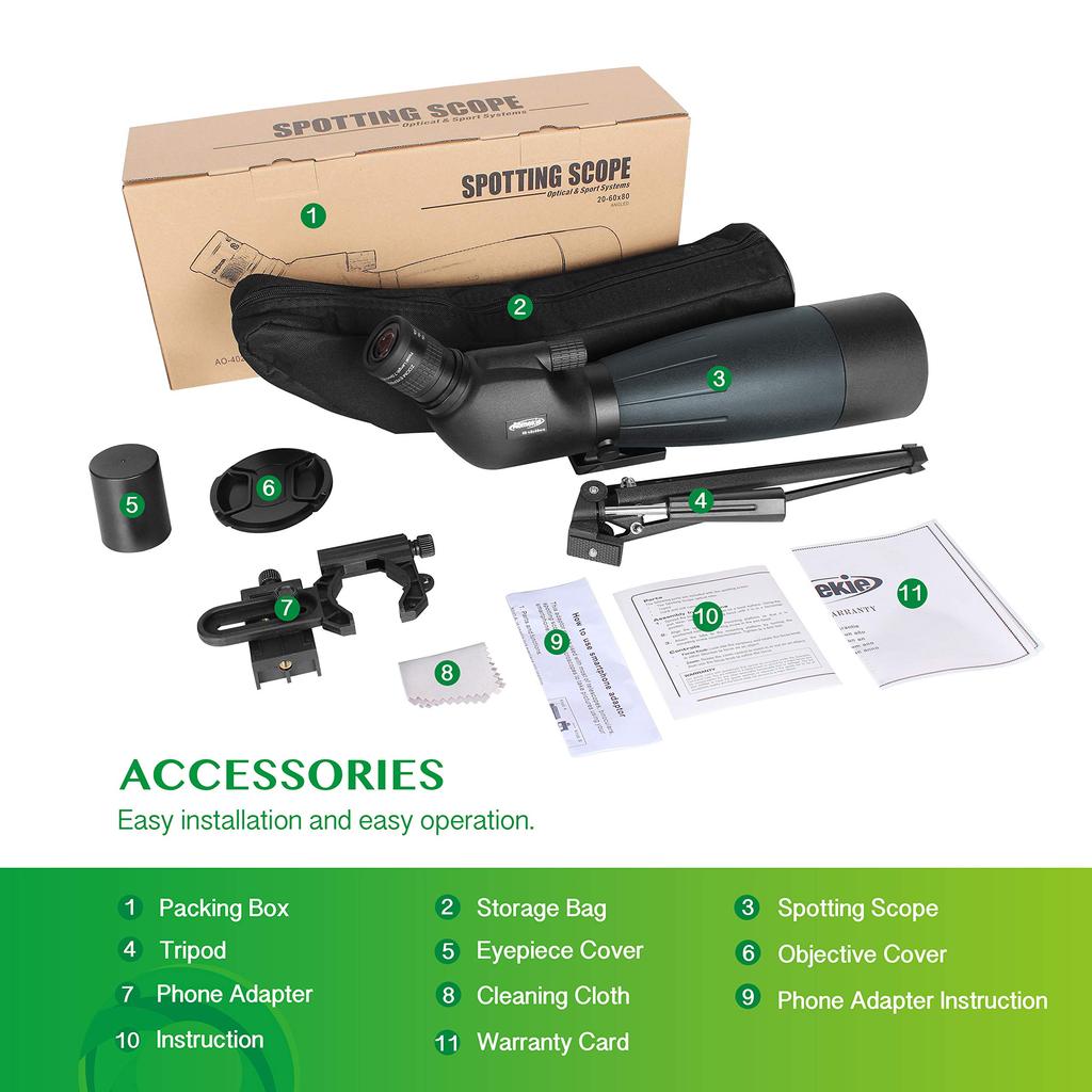 AOMEKIE 20-60X80 Spotting Scope with Tripod and Phone Adapter Case, Target Sighting, Waterproof, Fogproof, FMC BAK4, 45° Angle, Monocular, Telescope