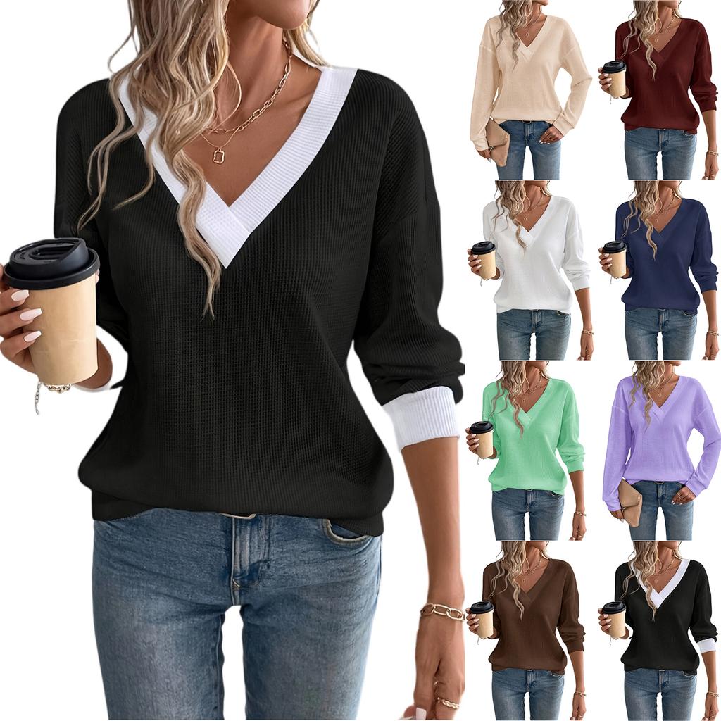 Plus Size Women's Fashion Casual Color Knit V,Neck T,Shirt Long Sleeve