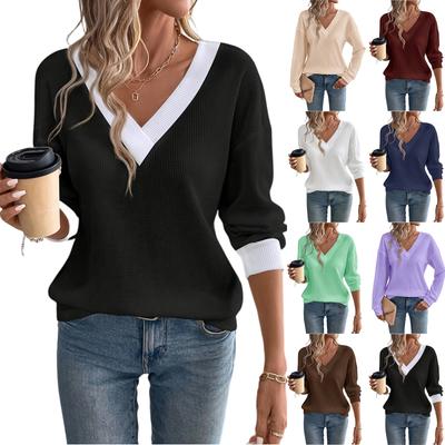 Grote Maten Damesmode Casual Kleur Gebreid V-hals T-shirt Lange Mouw