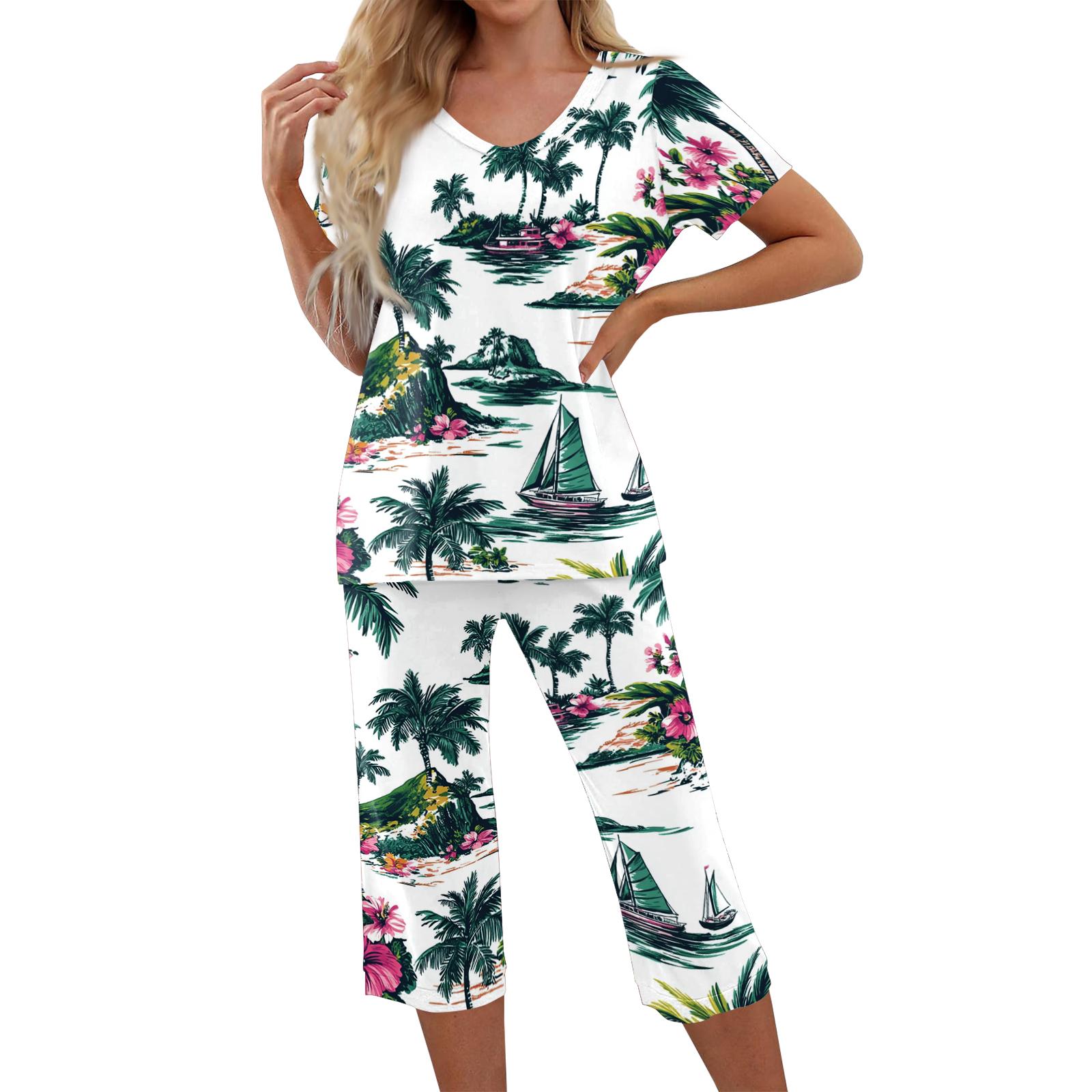 

Women s Two Piece Set Hawaiian Print Sportswear Short Sleeve Top and Capri Pants Casual Outfit Lightweight Breathable Fabric Summer Wear L
